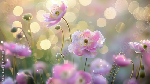 Pink Anemone Flowers With Morning Dew Against A Soft Light Backdrop © LadyAI