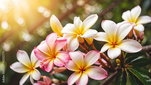A bouquet of white and pink plumeria flowers against a blurry background with a bright light in the top left corner.  