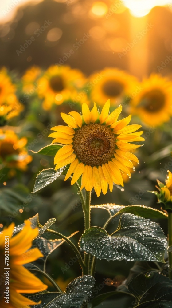 Naklejka premium A panoramic view of a sunflower field at sunrise, with dew sparkling on the leaves and the warm light illuminating