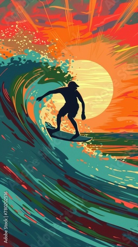 A pop art interpretation of a surfer riding a turquoise wave, with exaggerated lines, simplified details, and a vibrant sunset