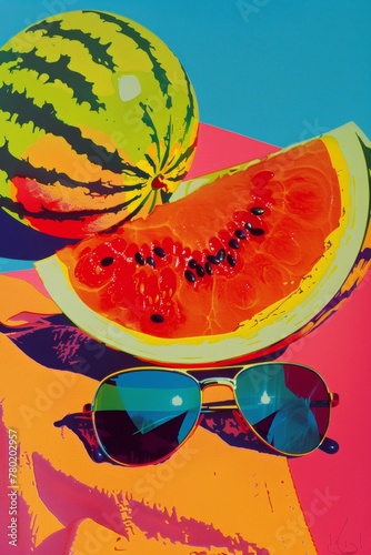 A vibrant pop art still life of a beach towel, sunglasses, and a juicy slice of watermelon, with bold colors and stark shadows