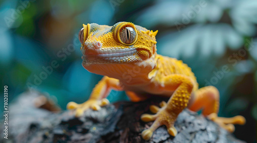 closeup of a Gecko sitting calmly, hyperrealistic animal photography, copy space for writing