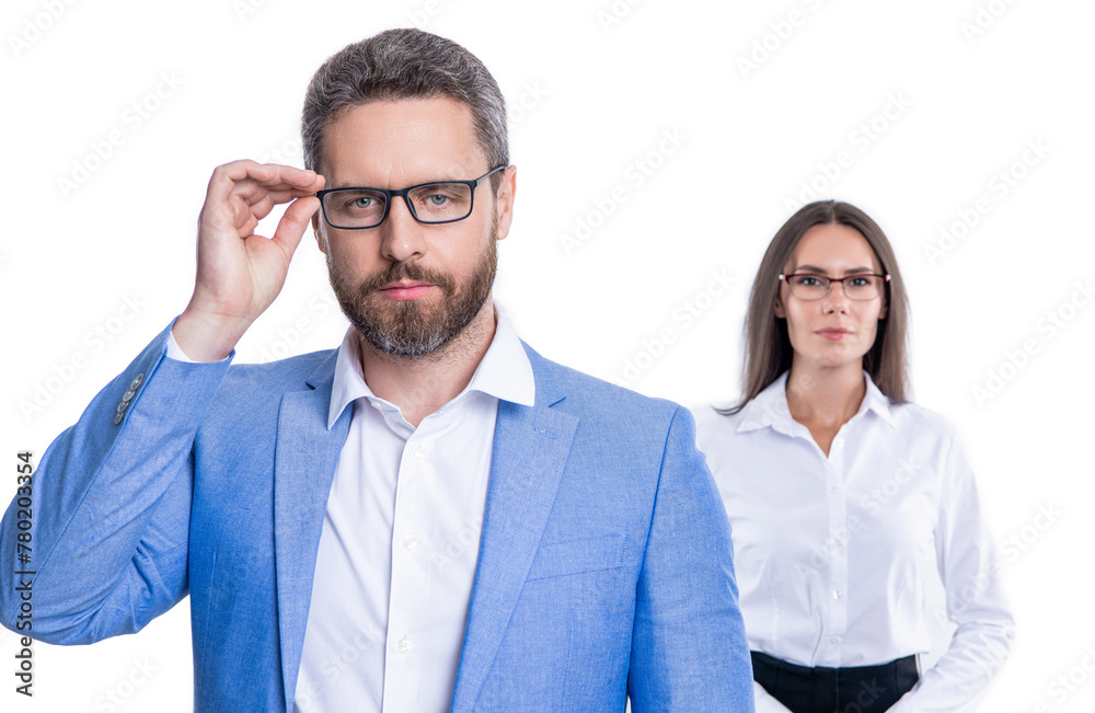 Business vision and success. Vision of success. Successful partnership of businesspeople in suit. Business man and woman look in glasses. Businesspeople represent leadership. Eyewear accessory Business vision and success. Vision of success. Successful partnership of businesspeople in suit. Business man and woman look in glasses. Businesspeople represent leadership. Eyewear accessory
