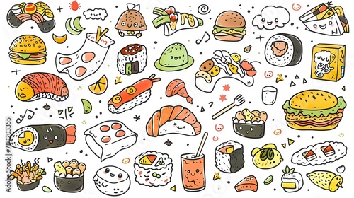 Colorful Doodle of Playful Food Characters and Dishes Generative ai