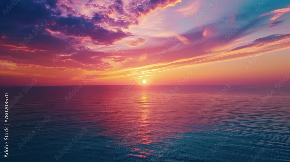 Aerial view of a vibrant sunset over the ocean, painting the sky with streaks of orange, purple, and pink