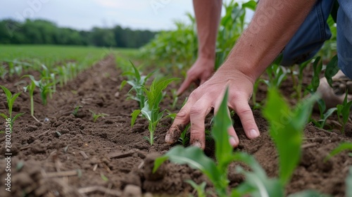 A farmer inspects the soil and nutrient levels of his biofuel crop field ensuring the plants have everything they need to thrive yearround. .