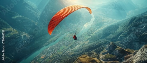 A man is flying a parachute in the sky. photo