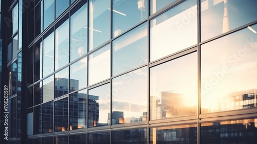 A building glass window with a view of a city skyline. The sun is setting, casting a warm glow on the glass.