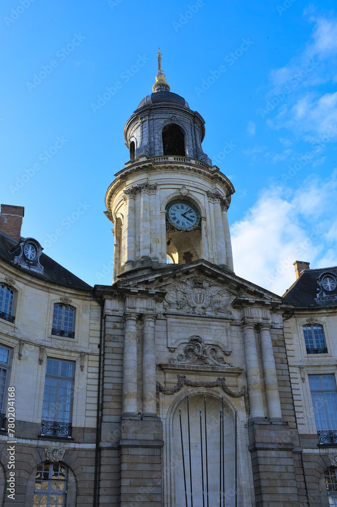 Clock tower at the Theater on municipality square in Rennes, Brittany, France, Europe