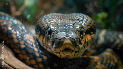 closeup of a King cobra sitting calmly, hyperrealistic animal photography, copy space for writing