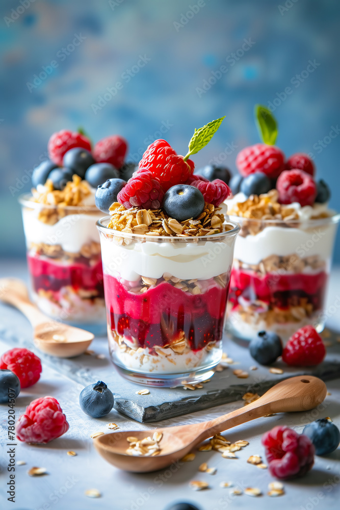 Trio Of Fresh Berries Parfaits With Granola And Yogurt Layers, Garnished With Fresh Mint and Fresh Berries Trio Of Fresh Berries Parfaits With Granola And Yogurt Layers, Garnished With Fresh Mint and Fresh Berries