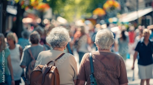 Two elderly residents with backs to the camera chat animatedly as they make way through the crowd of people. . .