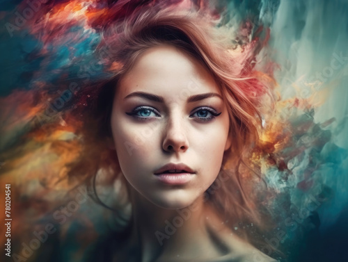 Ethereal Chromatic Embrace Serene Female Form Engulfed by Soft, Flowing Digital Paint