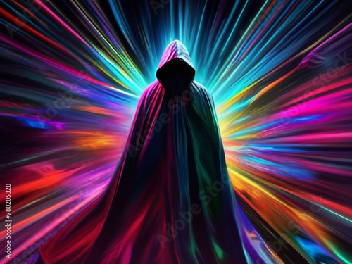 silhouette of a hacker with cloak in abstract background