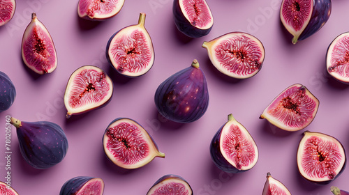 Elegantly arrayed halved figs showcasing rich purple interiors against a soft-toned neutral background, emphasizing the contrast and texture.
 photo