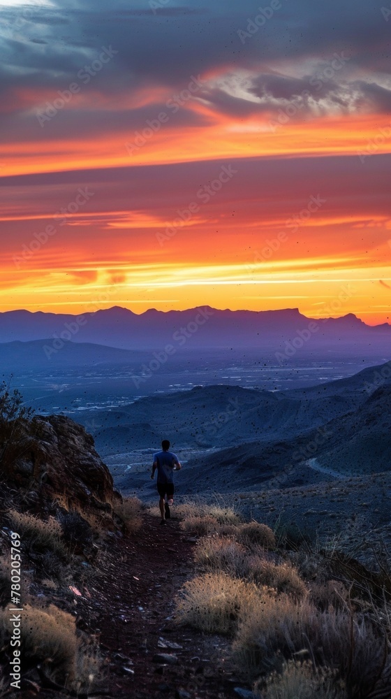 Runner silhouetted against a fiery sunset, navigating a ridgeline trail with a vast desert panorama below