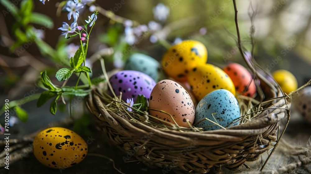 Colorful painted dotted easter eggs in wicker basket like bird nest standing on ground outdoors, green plants and violet small flowers around on background. Greeting card for Easter holidays. Colorful painted dotted easter eggs in wicker basket like bird nest standing on ground outdoors, green plants and violet small flowers around on background. Greeting card for Easter holidays.