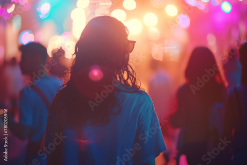 Out-of-focus crowd at a vibrant festival party concert with hipster vibes - festival atmosphere, outdoor event, social gathering. photo