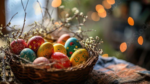 Colorful Easter eggs painted in different patterns in wicker basket like bird nest standing on tablecloth, delicate white flowers around, bokeh lights on background. Greeting card for Easter holidays.