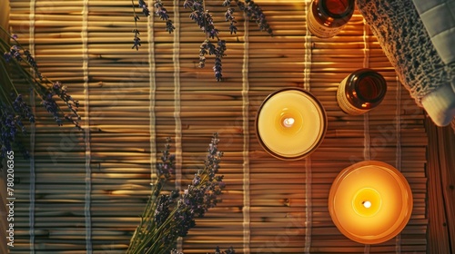 Top-view shot of a bamboo mat with a collection of apothecary-style bottles, dried lavender, and a single lit candle