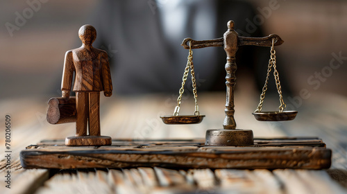 Wooden figure of man with briefcase on one side and scales of justice on the other, blurred background