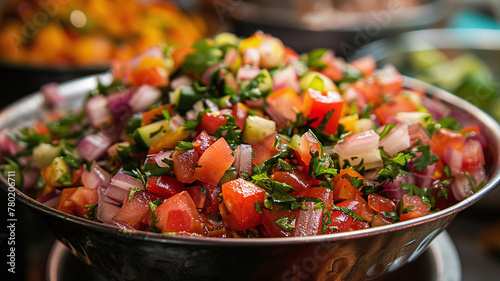 Closeup of a freshly made Indian chaat, bursting with colors and flavors photo