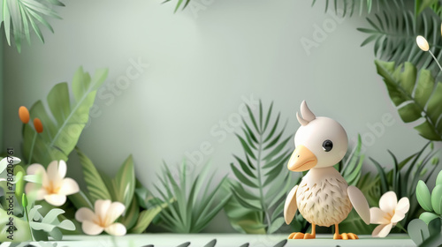 Cute cartoon duckling surrounded by lush tropical leaves and flowers, with a serene expression.