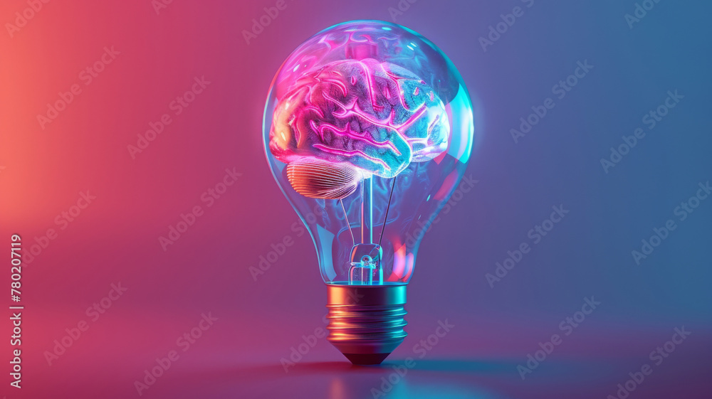 Conceptual art piece featuring a neon pink and blue brain inside a light bulb on a gradient background. Conceptual art piece featuring a neon pink and blue brain inside a light bulb on a gradient background.