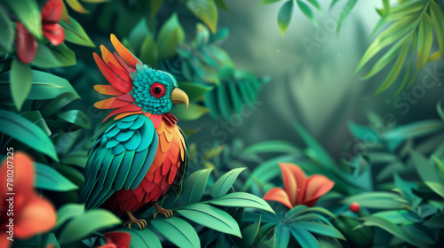 Artistic rendition of a tropical parrot amid a dense  green jungle with vivid foliage and flowers.