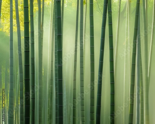 Tranquil bamboo forest at dawn, soft mist, vertical lines, serene green tones, spa wallpaper elegance