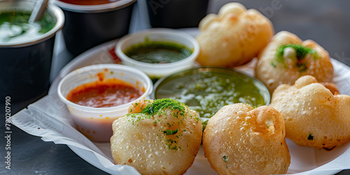 plate of pani puri with white paper cups filled with green and red sauce, generative AI photo
