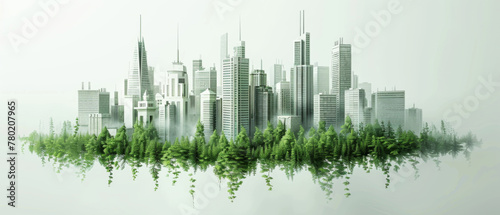 Sustainable city concept with a verdant urban skyline and a mirrored surface, illustrating environmental awareness.