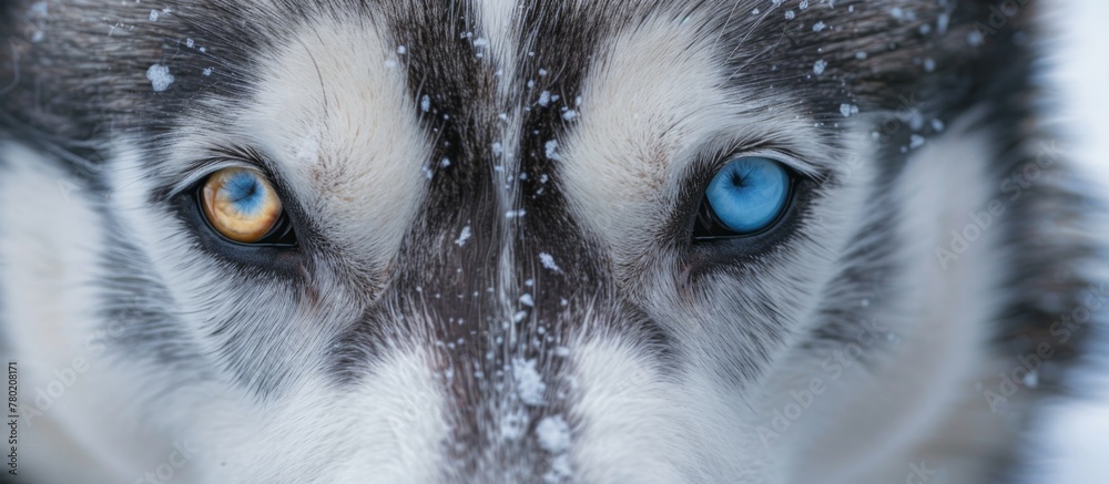 A stunning husky with mesmerizing blue eyes standing in the glistening white snow