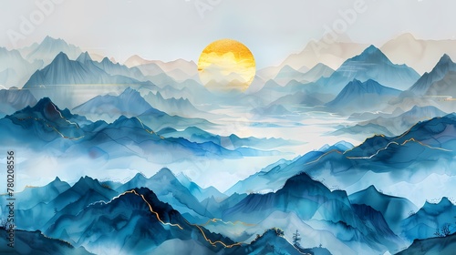 Digital art gold blues sunrise landscape painting poster background