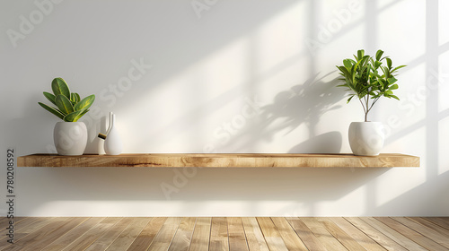 Wood floating shelf on white wall with wooden floor. Modern interior  beautiful