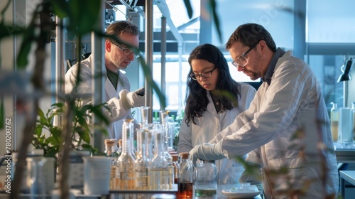 A group of scientists and engineers working together in a lab surrounded by different types of biofuel byproducts and equipment highlighting the collaboration and innovation needed .