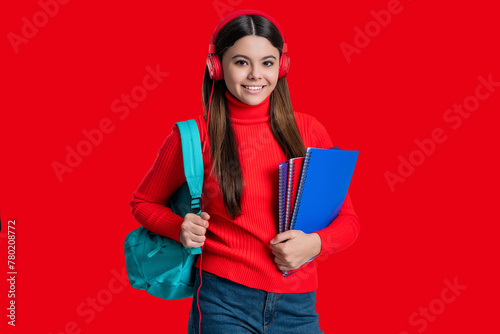 Knowledge day. Concept education. Teen girl student isolated red. September 1. High school education. Knowledge through eLearning. Teen girl hold workbook. Back to school. Electronic study materials