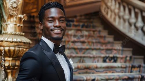 With a sleek black tuxedo and a sharp hairstyle a black man stands in front of a vintage cinema staircase. His charismatic smile and polished appearance exude effortless elegance .