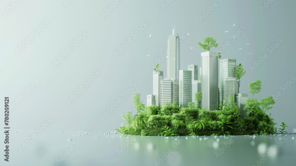 A modern city skyline concept blending urban architecture with lush greenery to represent sustainability.