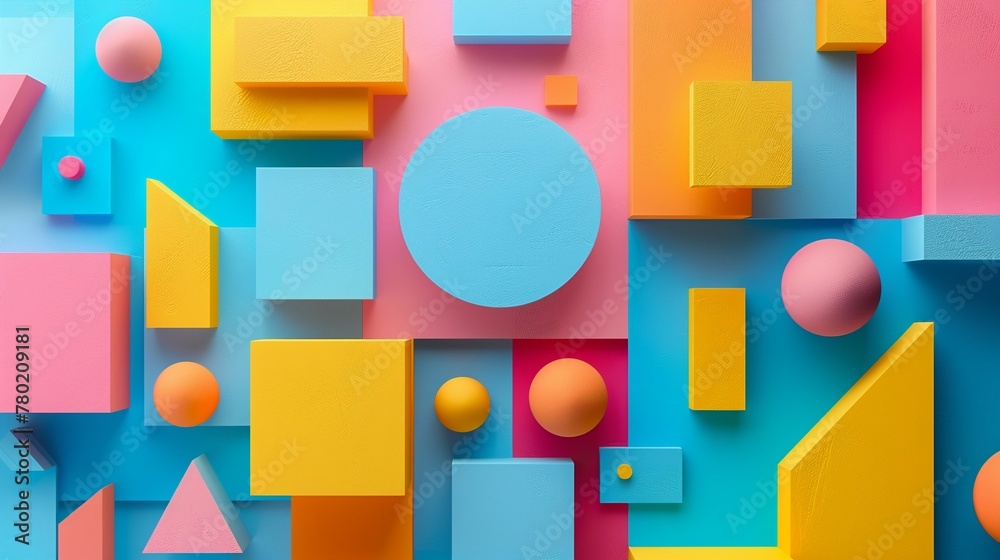 Colorful geometric shapes randomly placed, pastel background, minimalist design ,3DCG,clean sharp focus