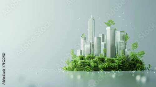 A modern city skyline concept blending urban architecture with lush greenery to represent sustainability.
