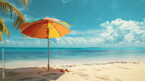 Beach umbrella on a sunny day, sea in background with generative ai