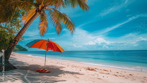 Beach umbrella on a sunny day, sea in background with generative ai © chocoloki