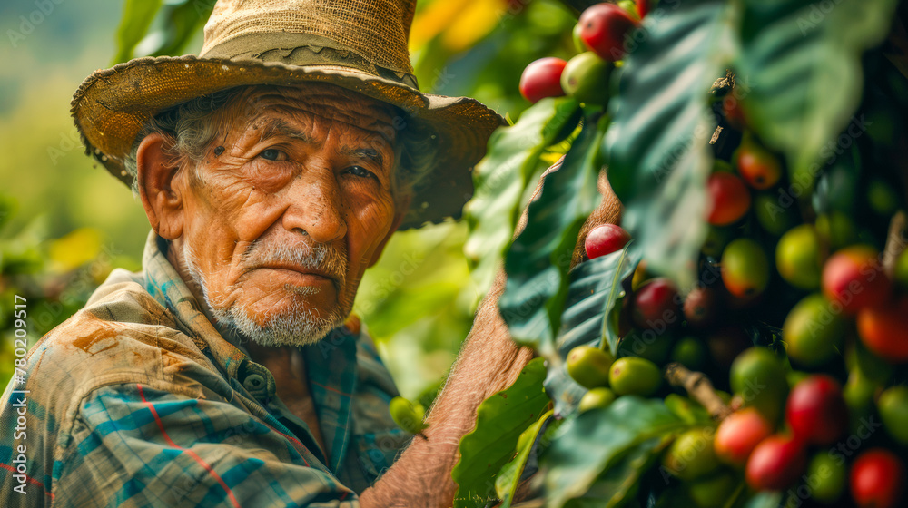 A coffee harvester stands showing the essence of the coffee cultivation process. The farmer's weathered face reflects years of labor amidst lush coffee fields 