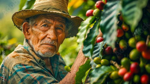 A coffee harvester stands showing the essence of the coffee cultivation process. The farmer's weathered face reflects years of labor amidst lush coffee fields 