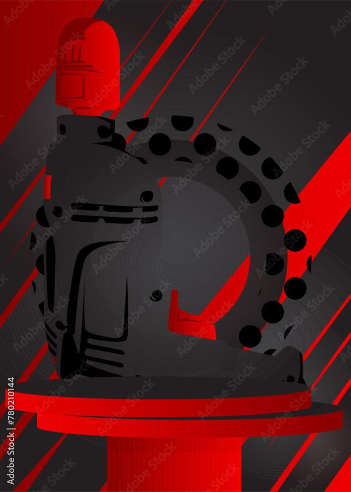 Black and red mock-up product display with drill. Vector cylinder pedestal podium. Power Tool Stage showcase for presentation. Minimal geometric forms.