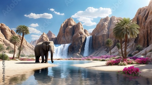 Digital Illustration of Landscape Views Desert Waterfalls with wildlife for Wallpaper 