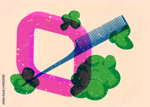 Risograph comb with geometric shapes. Objects in trendy riso graph print texture style design with geometry elements.
