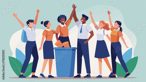 A group of students from different schools standing side by side in front of a newly installed recycling bin. They highfive each other excited