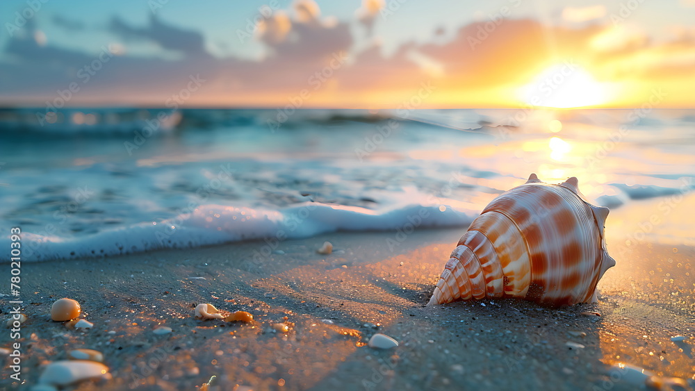 Beautiful seashell on sandy beach at sunrise, closeup. Space for text. generative ai - obrazy, fototapety, plakaty 